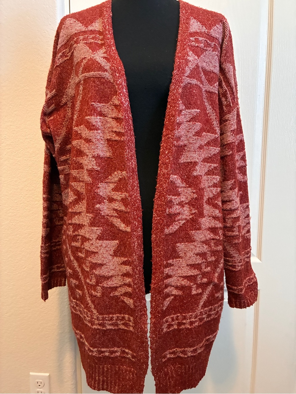 Maurices Rust and Pink Geometric Open-Front Cardigan
